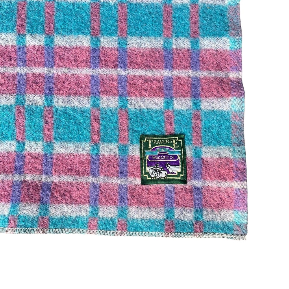 Vintage Traverse Bay Woolen Co Wool Blanket 56x81 Plaid Pink Aqua Purple USA - Picture 2 of 10